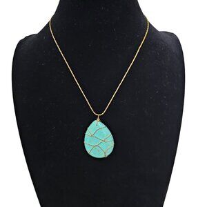 Vintage Tear Drop Howlite Turquoise Wrapped Pendant 8K Gold Wheat Chain Necklace